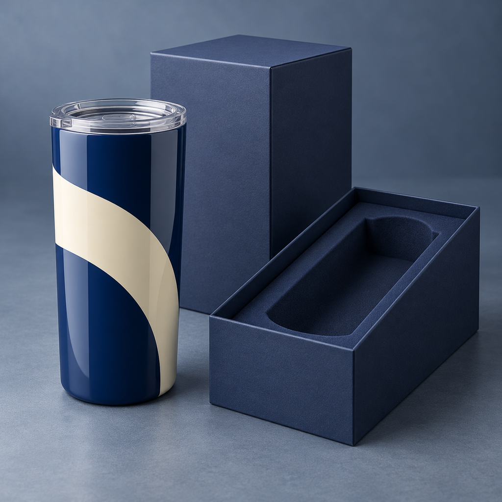Cobalt Arc Tumbler with Cream Geometric Sweep