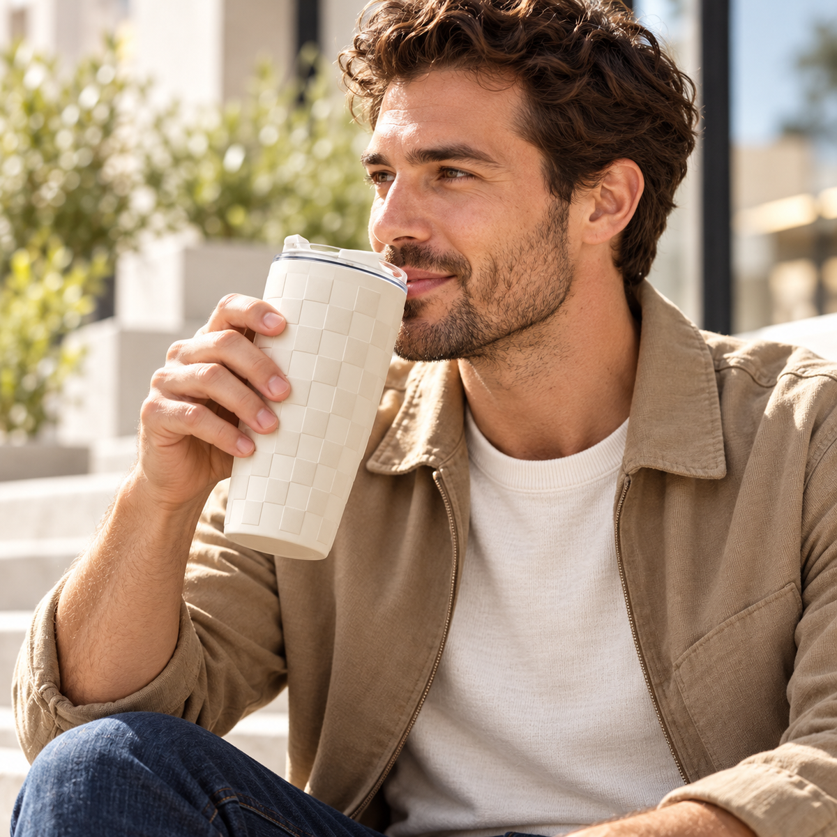 Ivory Checker Tumbler with Subtle Raised Grid